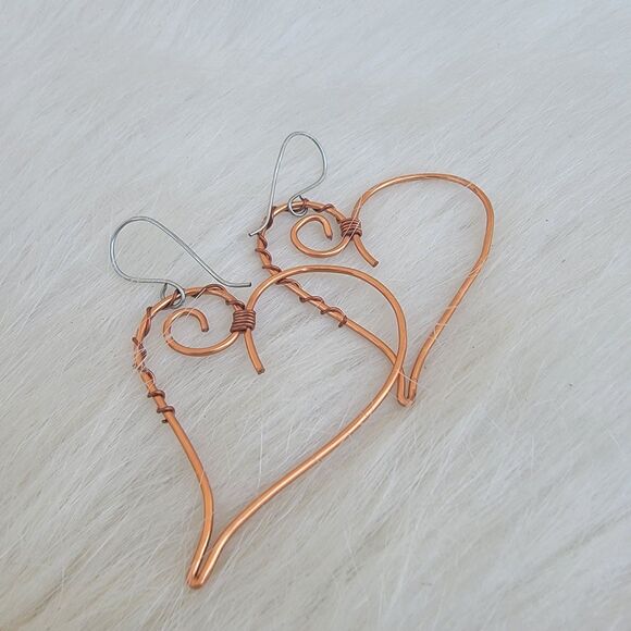 artisan open heart dangle earrings copper wire wrapped - Picture 1 of 4
